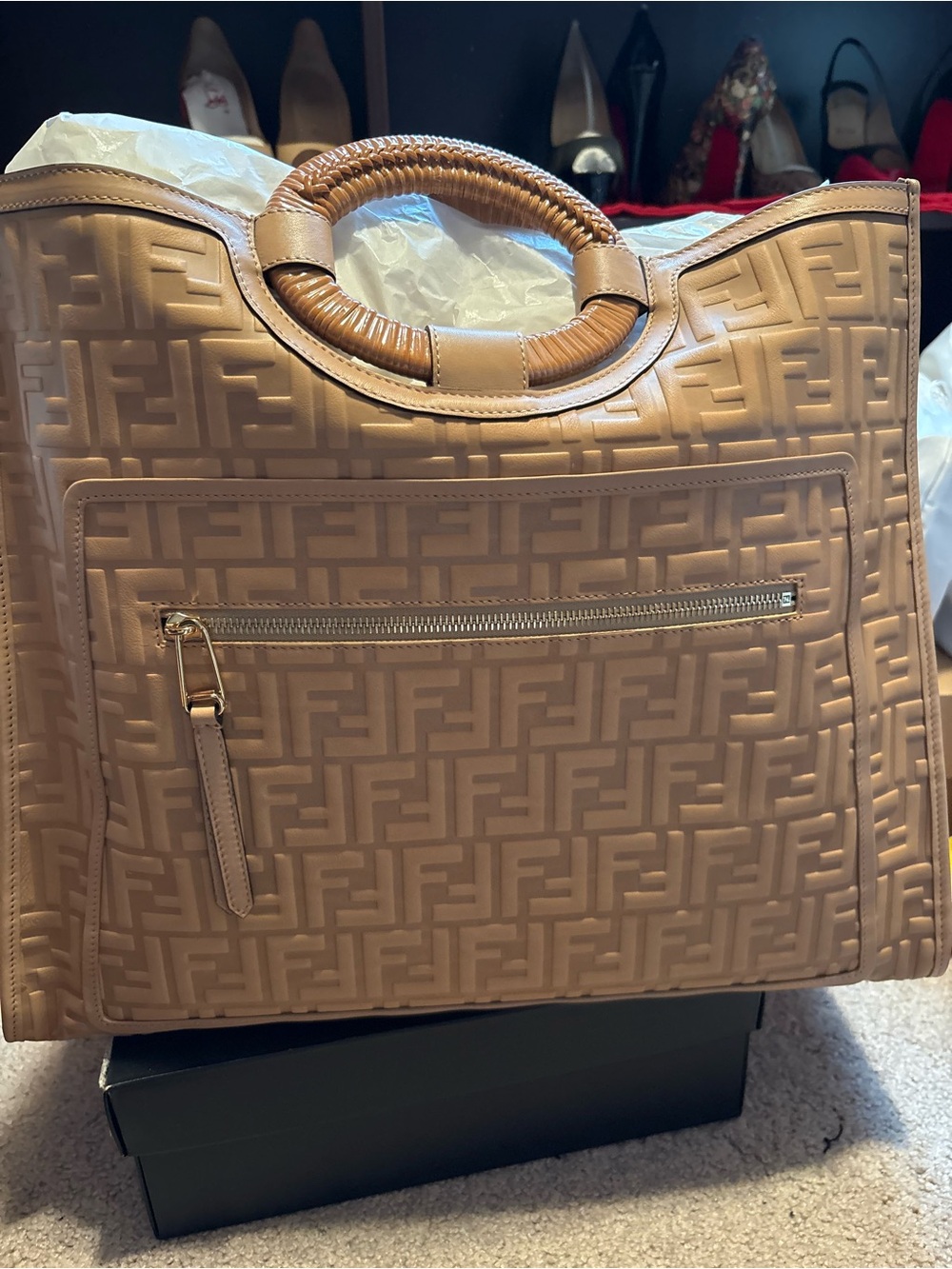 Fendi Tan Embossed FF Woven-Handle Tote